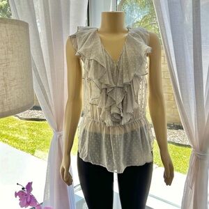 Mise en Scene by Ruffian Gray Silk Ruffle Sleeveless Blouse Polka Dot Size 14